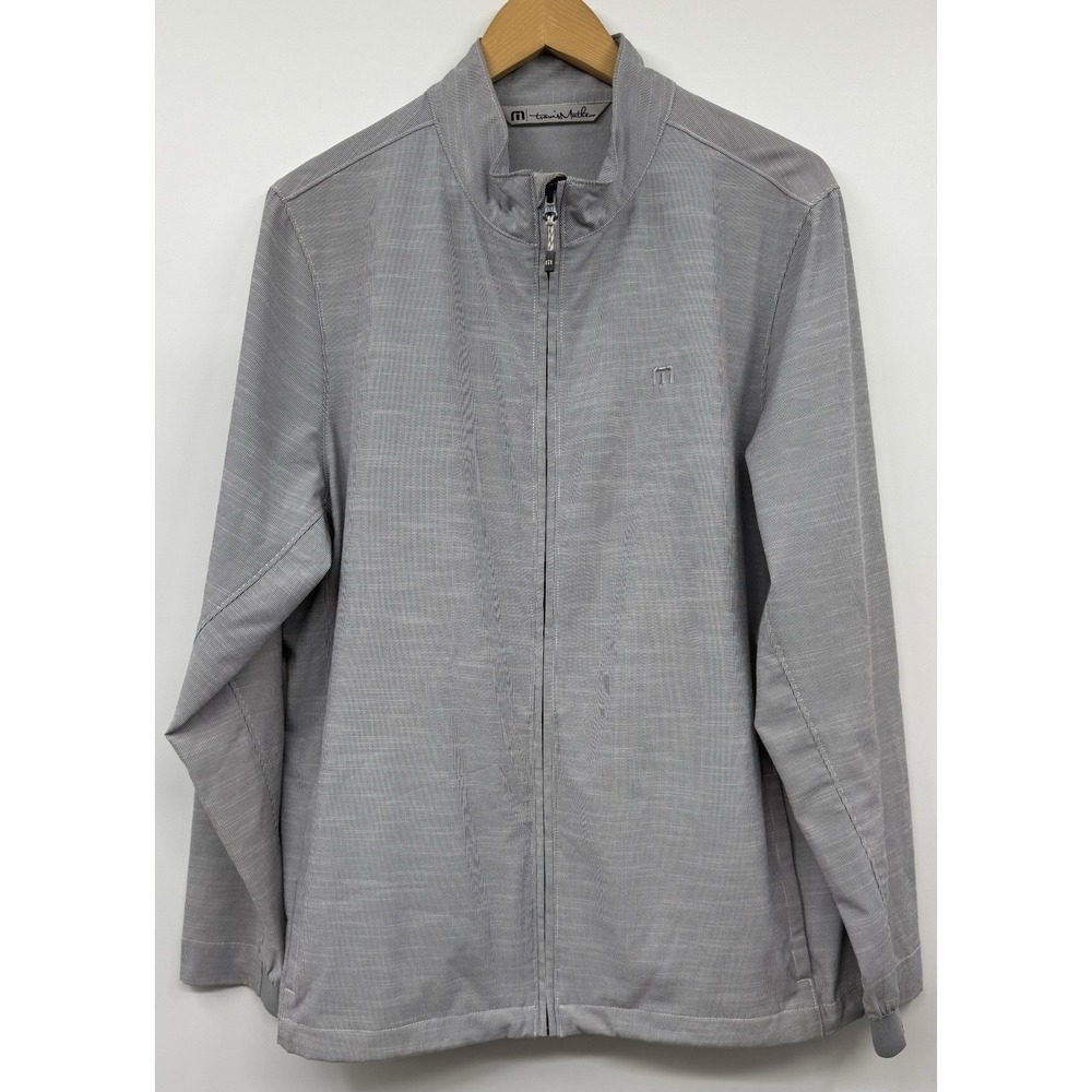 SOLD 
Travis Mathew Men's Full Zip Golf Jacket SZ Large Gray Pinstriped